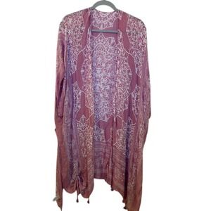 Breezy Lane Pink White Mandala Print Tassel Trim Kimono Cardigan OS